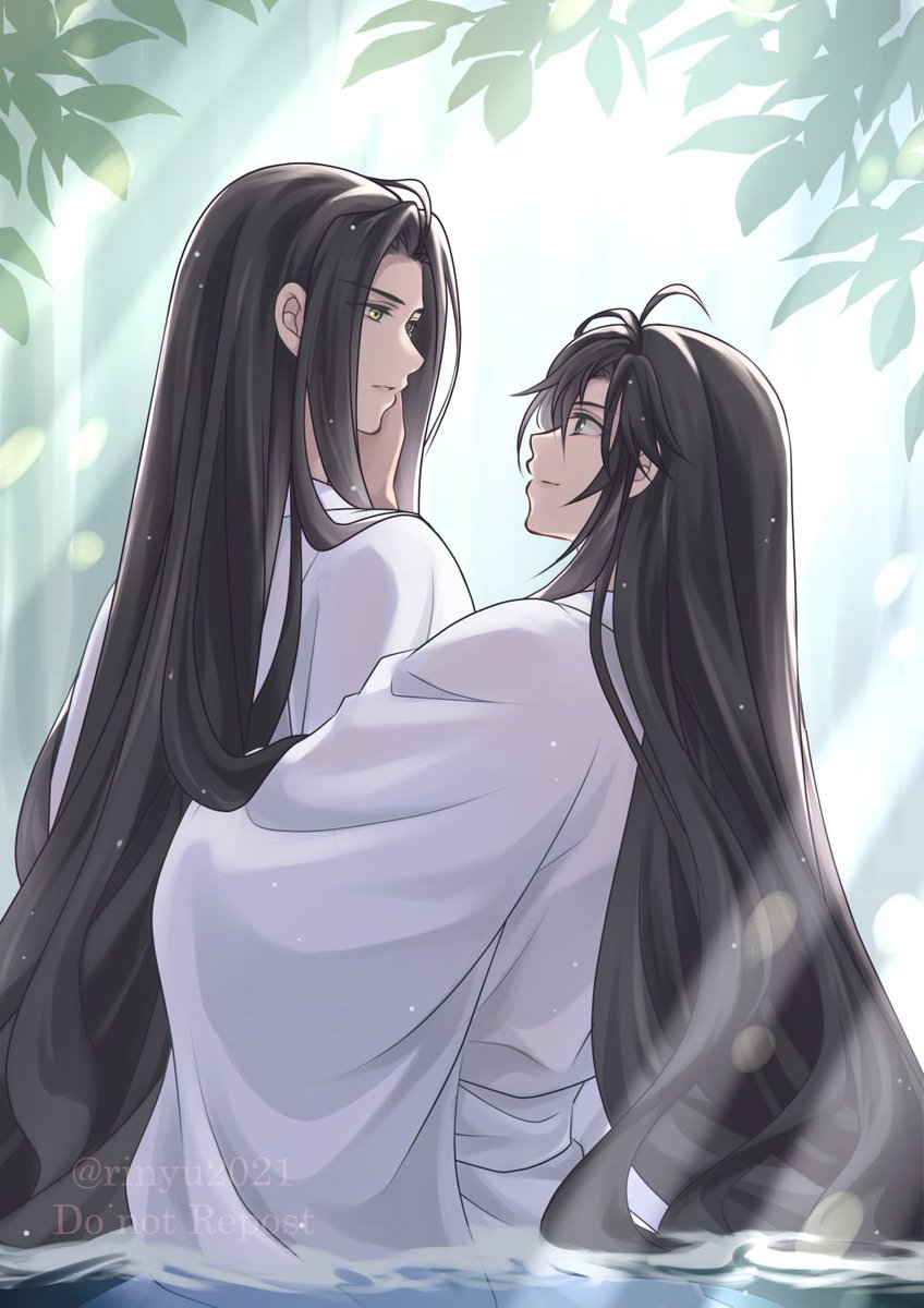 multiple boys long hair 2boys black hair male focus very long hair looking at another  illustration images