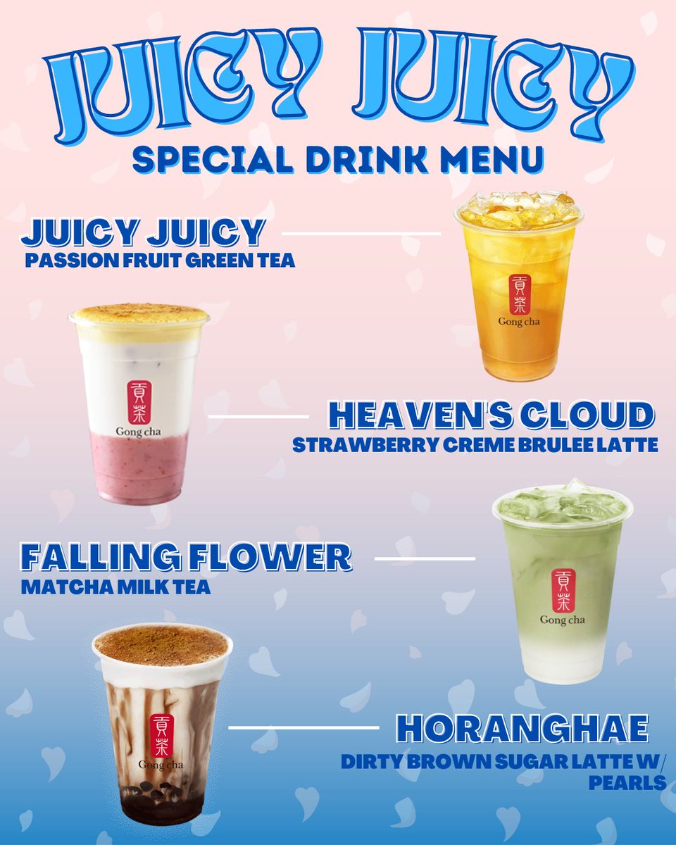 dmvcarats's tweet photo. CARATs, the #JUICYJUICY special drink menu is here! 

The DMV Carats team picked out a few SVT-themed drinks for you all to enjoy at the cupsleeve event. Note that the rest of the Gong Cha menu will be available as well! 

Let us know which one you'll be ordering! 🧋💕 https://t.co/JiIT5G9B7g