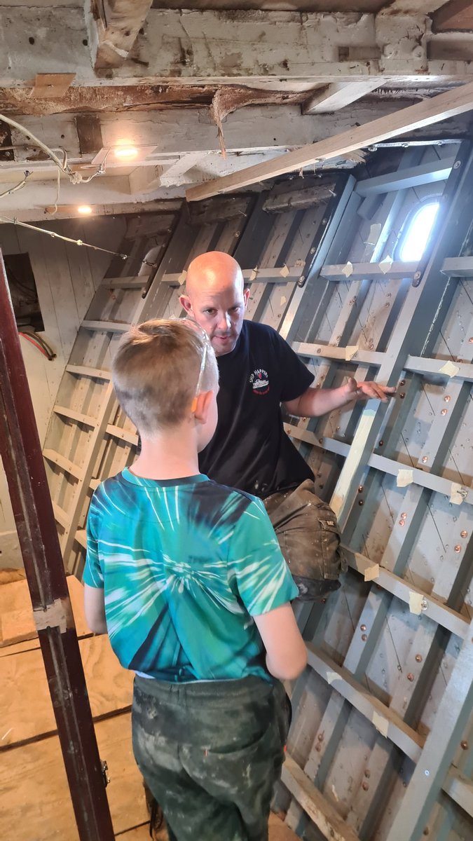shiphappens1392's tweet photo. Another awesome day at the boat, teaching everyone how to do copper nails and roves! Young Patrick was a little master with the drill! We feel so privileged to have so many wonderful people helping us restore Sarinda! #volunteer #ShipshapeNetwork #boatbuilding #boatrestoration https://t.co/45DauI087z