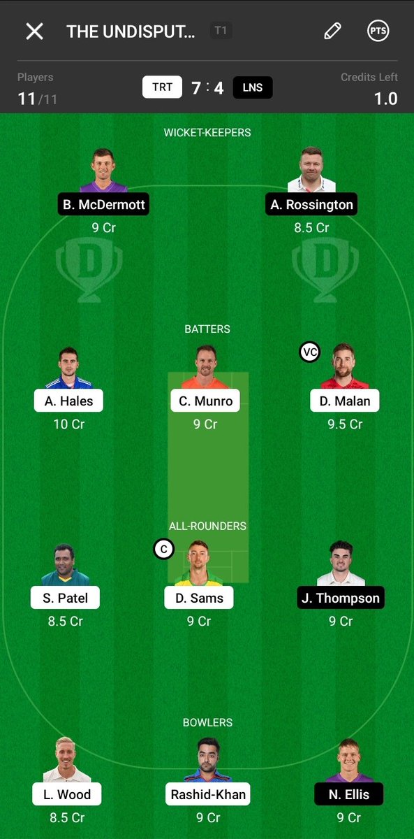 SwasthSarcasm's tweet photo. Here's the #Dream11 fantasy team for the match. Also, do not forget to play head to head contests. #TRvLS #TheHundred https://t.co/RaoHpzSRk1