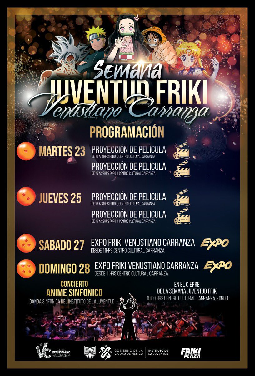 A_VCarranza's tweet photo. Ya viene la semana JUVENTUD FRIKI en #VCarranza, disfruta de múltiples actividades como cine, torneos, conciertos, anime y más.🎦🎶🏆🗡️🌸🍡🍜

📆23 al 28 de agosto
📍Centro Cultural Carranza 
🎟️Entrada Libre https://t.co/adRNZUaA9O