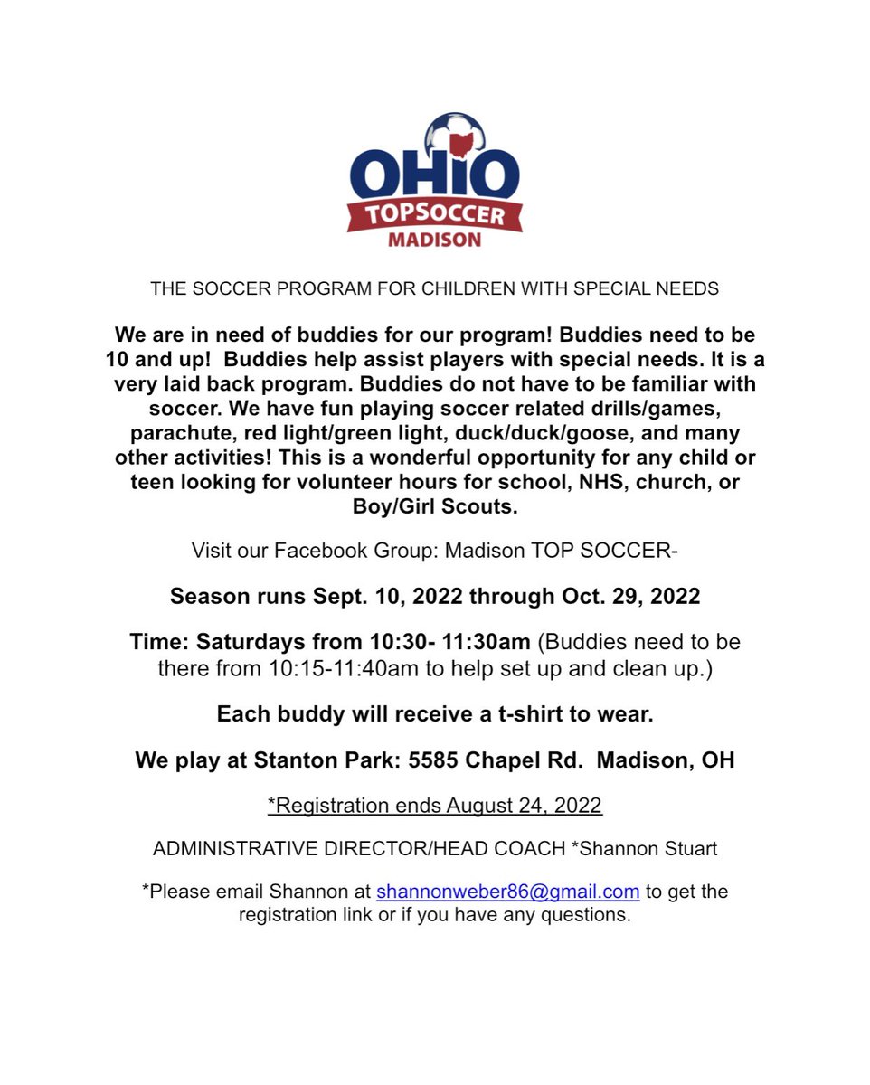 Mrs_Stuart_NES's tweet photo. I am still looking for more buddies for our TOPS soccer program in Madison. No soccer experience needed. This is a great opportunity for anyone who needs volunteer hours for Scouts, NHS, church, or school. Please message me if you have a child who would like to be a buddy. https://t.co/Yg77MZkSJR