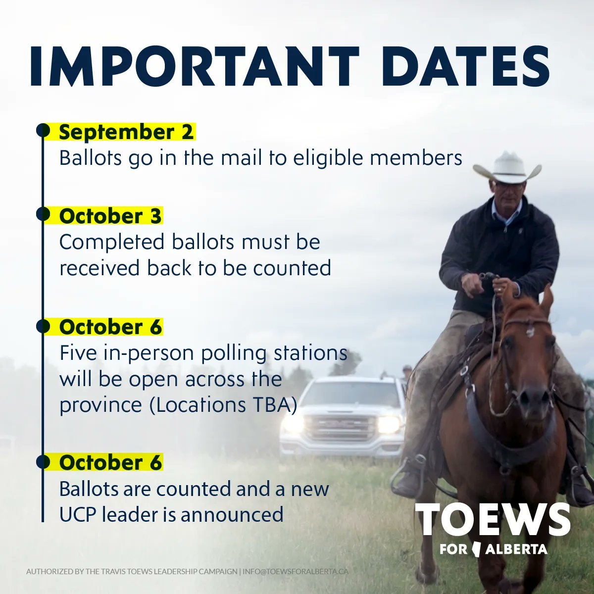 The membership deadline has passed and ballots will start going out to members in the mail on September 2nd.

Here are some important dates to mark on your calendar! 👇

MeetTravis.ca 
#ucpldr #ableg #TeamTravis #ToewsForAlberta