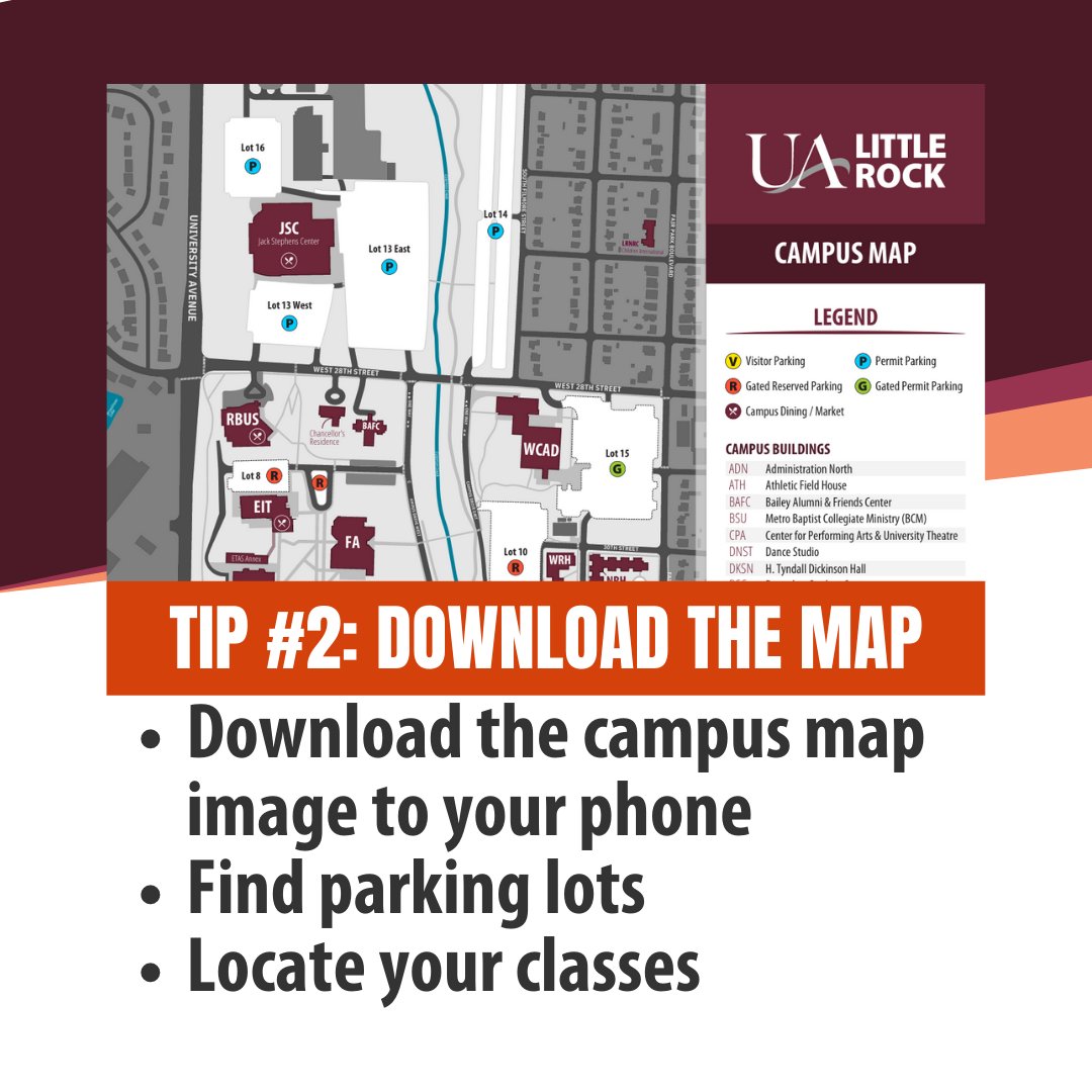 UALRadmissions's tweet photo. Fall classes are on Monday! You probably already know this, but you don’t need to bring a lot! Pack pens, paper, snacks, &amp; water. Download map pics from https://t.co/CBc4hNSOqg to find classes faster. Leave early to have time for traffic &amp; finding parking. Comment w/ your tips! https://t.co/amvS4MOZeB