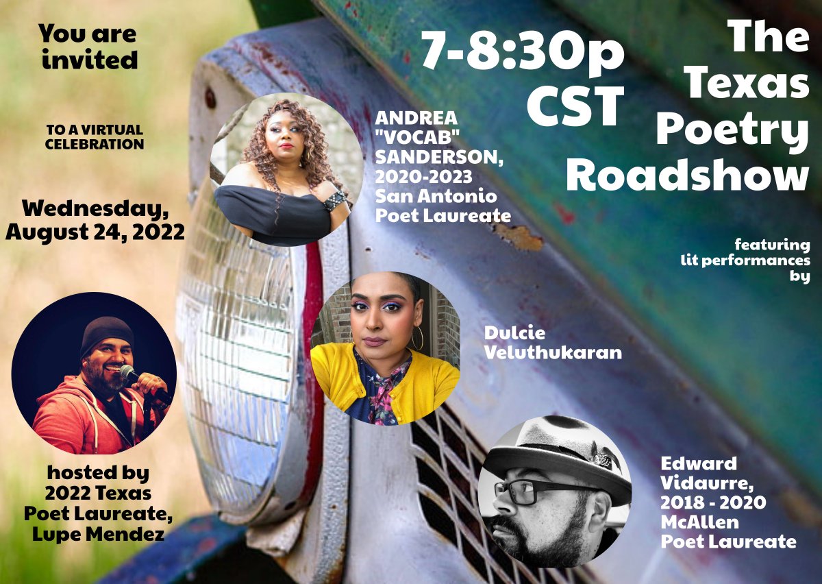 thepoetmendez's tweet photo. REMINDER - 

I AM THE TEXAS POET LAUREATE AND I HAVE A VIRTUAL READING THIS WEDNESDAY (Aug. 24) @ 7pm W/ FIRE POETS - 

@VocabSoFab + @VidaurreEdward + @MzDavidV 

COME JOIN US - https://t.co/xiQqXGtZ5O (that's the short link to my YouTube Channel!

#TXPoetryRoadShow
#TXPL22 https://t.co/jKacrsQ69f