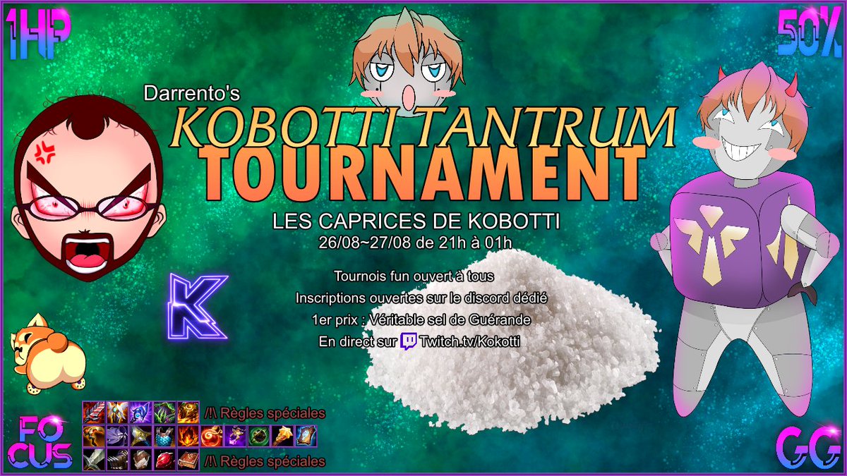 KokottiTV's tweet photo. Les inscriptions pour le KTT sont ouvertes !
Tournoi fun ouvert à tous les Vendredi 26 et Samedi 27 Août au soir avec des règles... un peu particulières ;)

https://t.co/P2tC5mDcDs https://t.co/eGuI8aTJY9