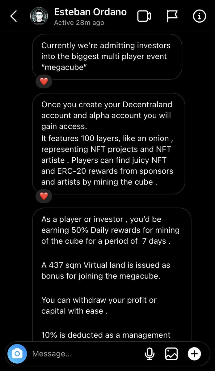 scamedaf's tweet photo. So shall we begiin!??
This is the firsts messages we got
This guy @eordano talked about anything to familiarise the conversation, till he proposed to us to be an alpha in Dcl, and the @megacube ’s contest: https://t.co/tJnZ24KsMw
