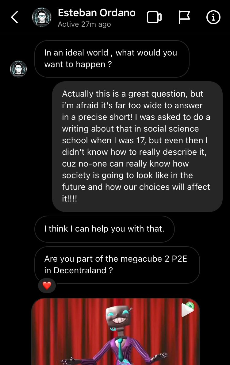 scamedaf's tweet photo. So shall we begiin!??
This is the firsts messages we got
This guy @eordano talked about anything to familiarise the conversation, till he proposed to us to be an alpha in Dcl, and the @megacube ’s contest: https://t.co/tJnZ24KsMw