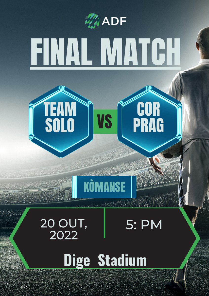 SimonClemencea's tweet photo. FINAL MATCH! C'est la grande Aujourd'hui!
Dènye jou chanpyona @ADFHaiti se jodia. #CORPRAG(Senton) VS #TeamSOLO(Bisrèt) se afich final la. Mèsi ak tout zanmi nou yo prensipalman moun nan Komin #Fondèblan avèk #SELECT.
#SPORT #Spò #Inyon #TètAnsanm #Rapwochman #Solidarite #ADF https://t.co/2CjD4MmRVc