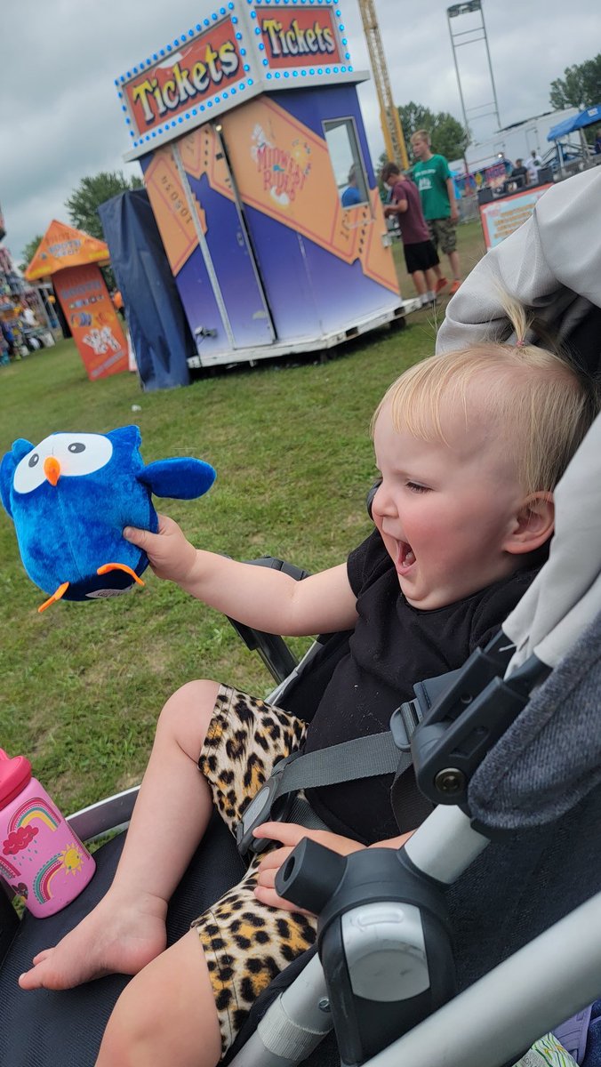 ToeCrackinOs's tweet photo. Sterli is at her first county fair today. She talked her dad into winning her a blue owl, her favorite animal and color. She's excited. Also, Alice Cooper for president. #DailySterliUpdate #metalvibes https://t.co/GvYthfMb93