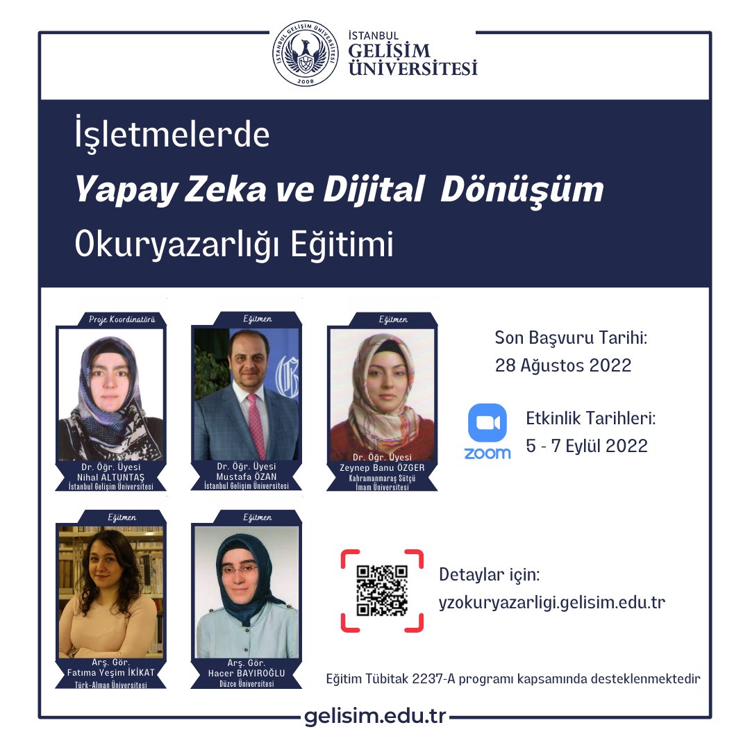 igulisansustu's tweet photo. İşletmelerde Yapay Zeka ve Dijital Dönüşüm Okuryazarlığı Eğitimine başvuru için son hafta!
Eğitim Tübitak 2237-A programı kapsamında desteklenmektedir.
Eğitim Tarihleri: 5 – 7 Eylül 2022
Son Başvuru Tarihi: 28 Ağustos 2022 https://t.co/yk1VIdhiNV