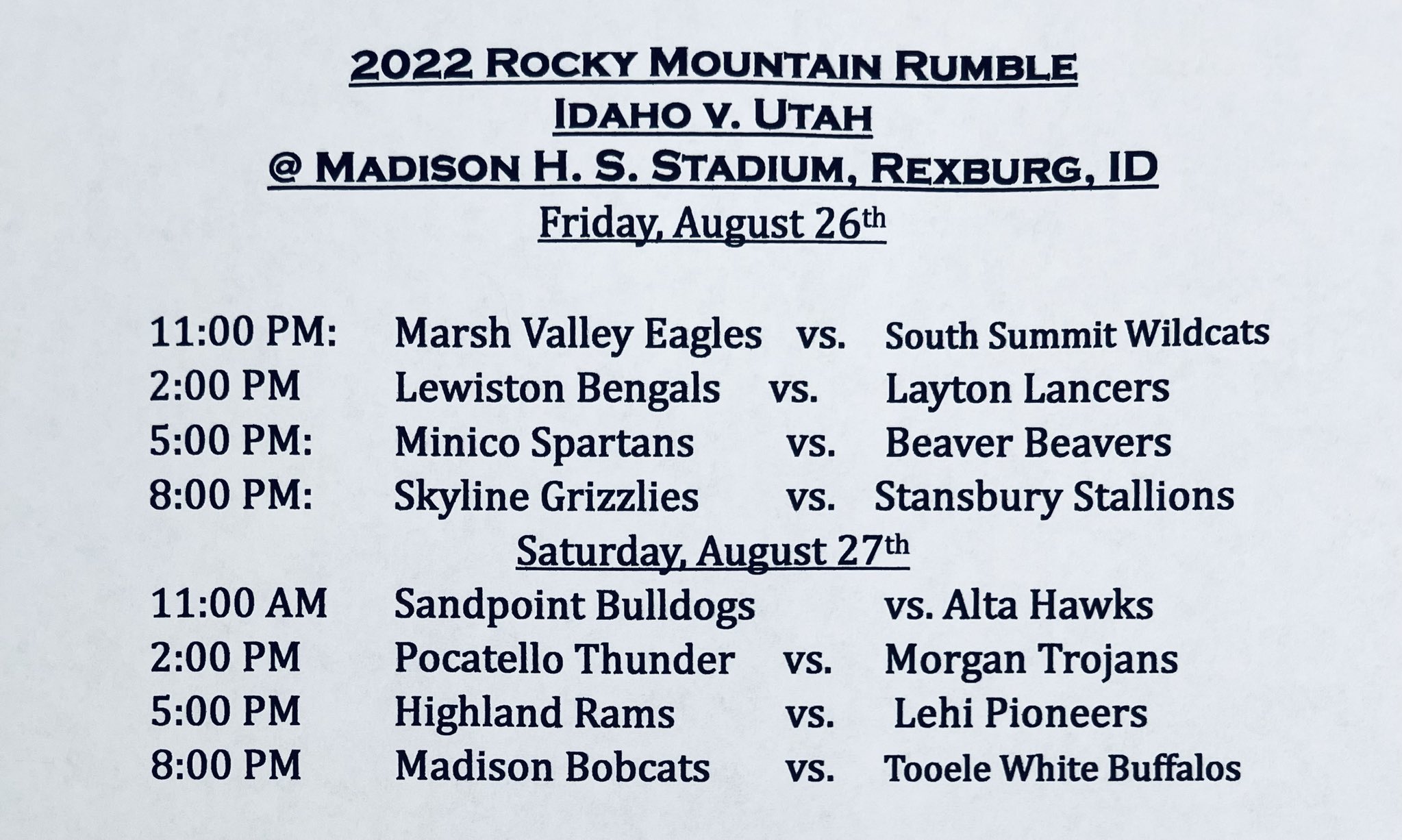 Gino Mariani on X: "Rocky Mountain Rumble 2022 @ Madison HS in Rexburg,  Idaho. Idaho vs. Utah in the biggest border war yet. Come out and enjoy  some great football this weekend. ⁦@