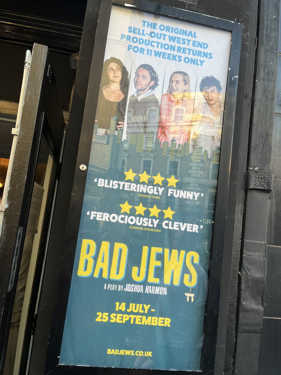 AaronWeight's tweet photo. A spot of London theatre with Bad Jews (the play, not my current companions 🤣) never been to this theatre before, and on the front row I feel like I’m part of the set! 😆 @BadJewsPlay https://t.co/2Utz620fyF