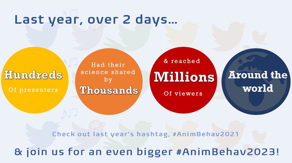 AnimBehSociety's tweet photo. With the #AnimBehav2023 hashtag, conference tweets reach participants all over the world! A #TwitterConference is a completely #costfree & #carbonfree way to connect with a global #network of #animal #behaviorists. Check out last year’s #AnimBehav2021 hashtag for inspiration! https://t.co/kPHFcz2HeP