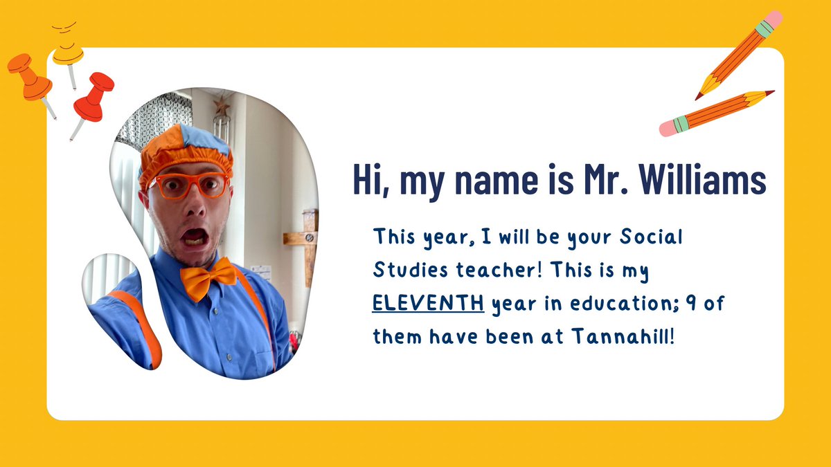 I used this slide to introduce myself to students this week. Thanks <a href="/canva/">Canva</a> for the template, and I’m PUMPED for this next school year. (P.S. I don’t hate the <a href="/blippi/">Blippi</a> look!)