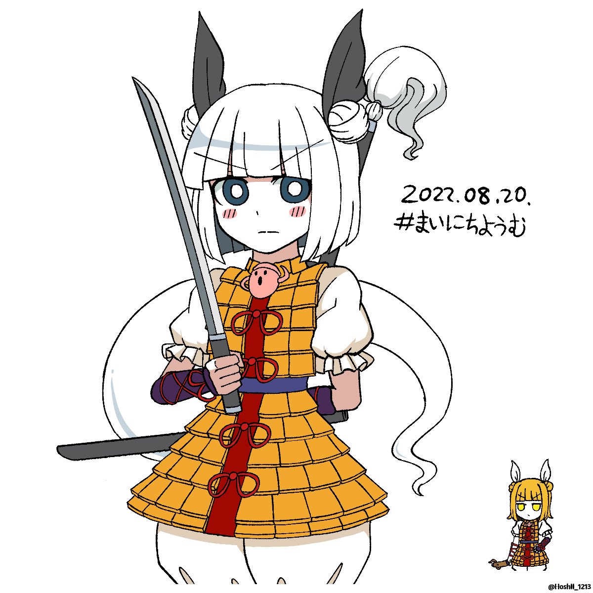 joutouguu mayumi weapon sword double bun short hair white background hair bun blonde hair  illustration images