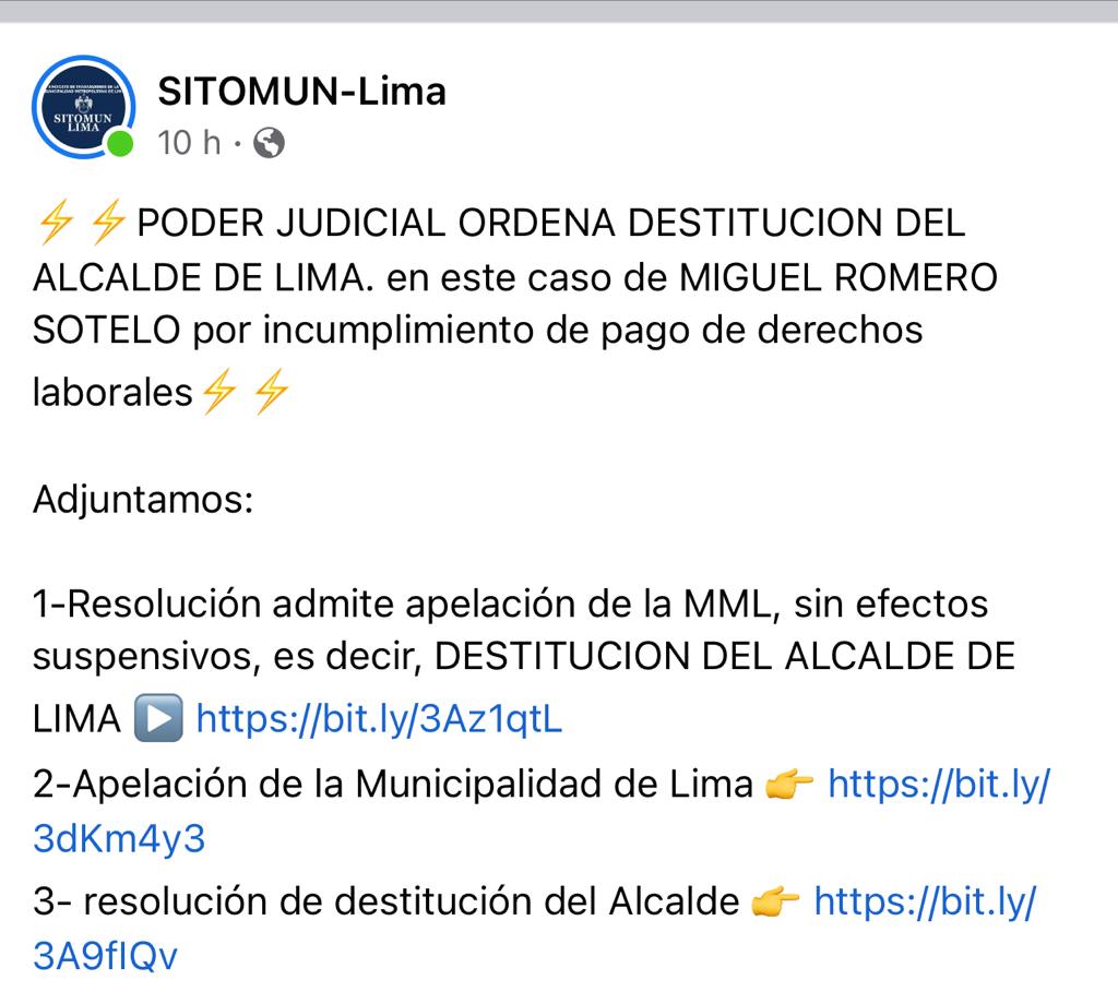 ENRIQUEFLORESV's tweet photo. Poder Judicial del Perú destituye al Alcalde de Lima por no pagar derechos laborales de los trabajadores del historico sindicato SITRAMUN- LIMA https://t.co/I8NQm6DpND