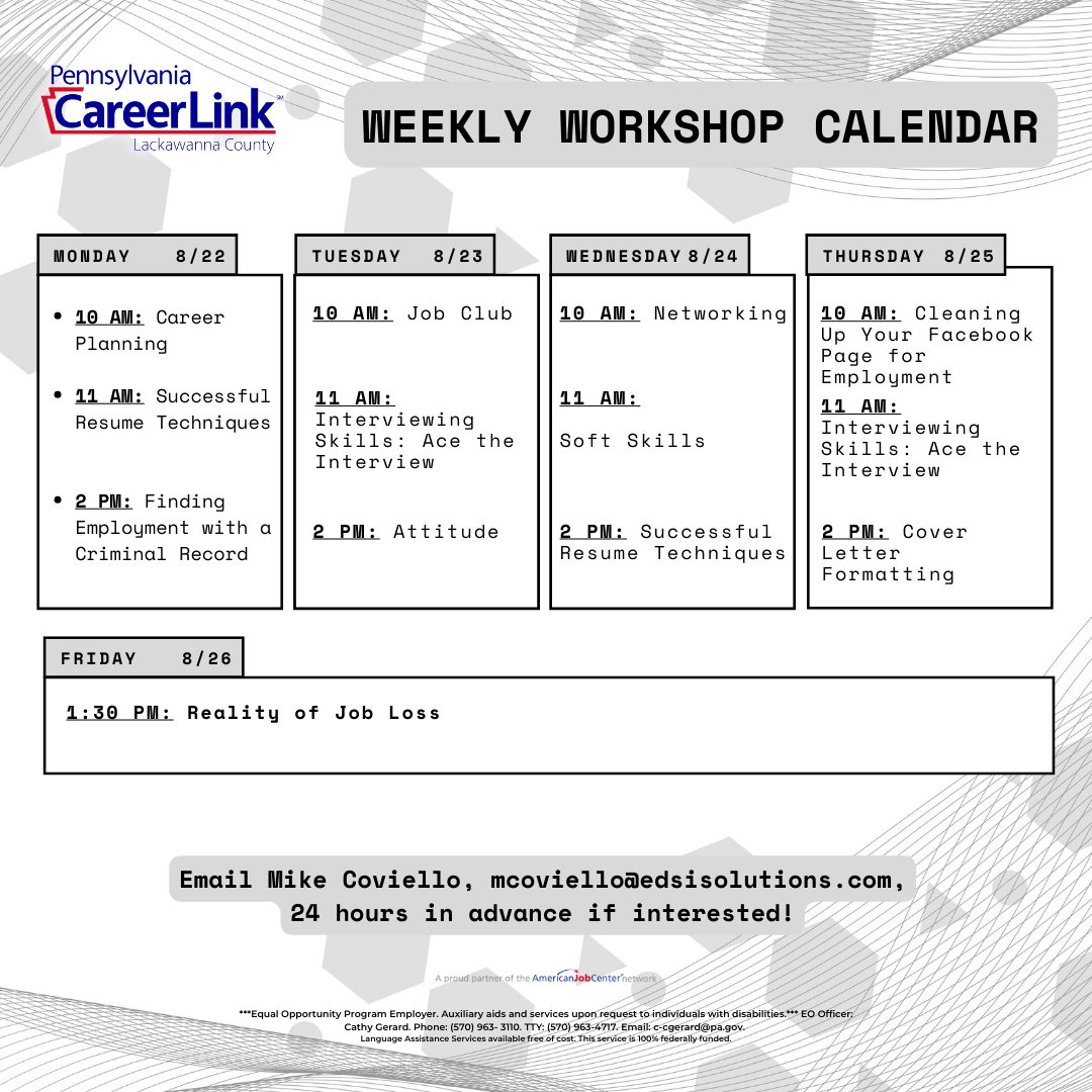 Wondering how you can develop your professional skills this week? Try a workshop in person at 135 Franklin Avenue, Scranton, PA 18503! Just email Mike at mcoviello@edsisolutions.com to register!