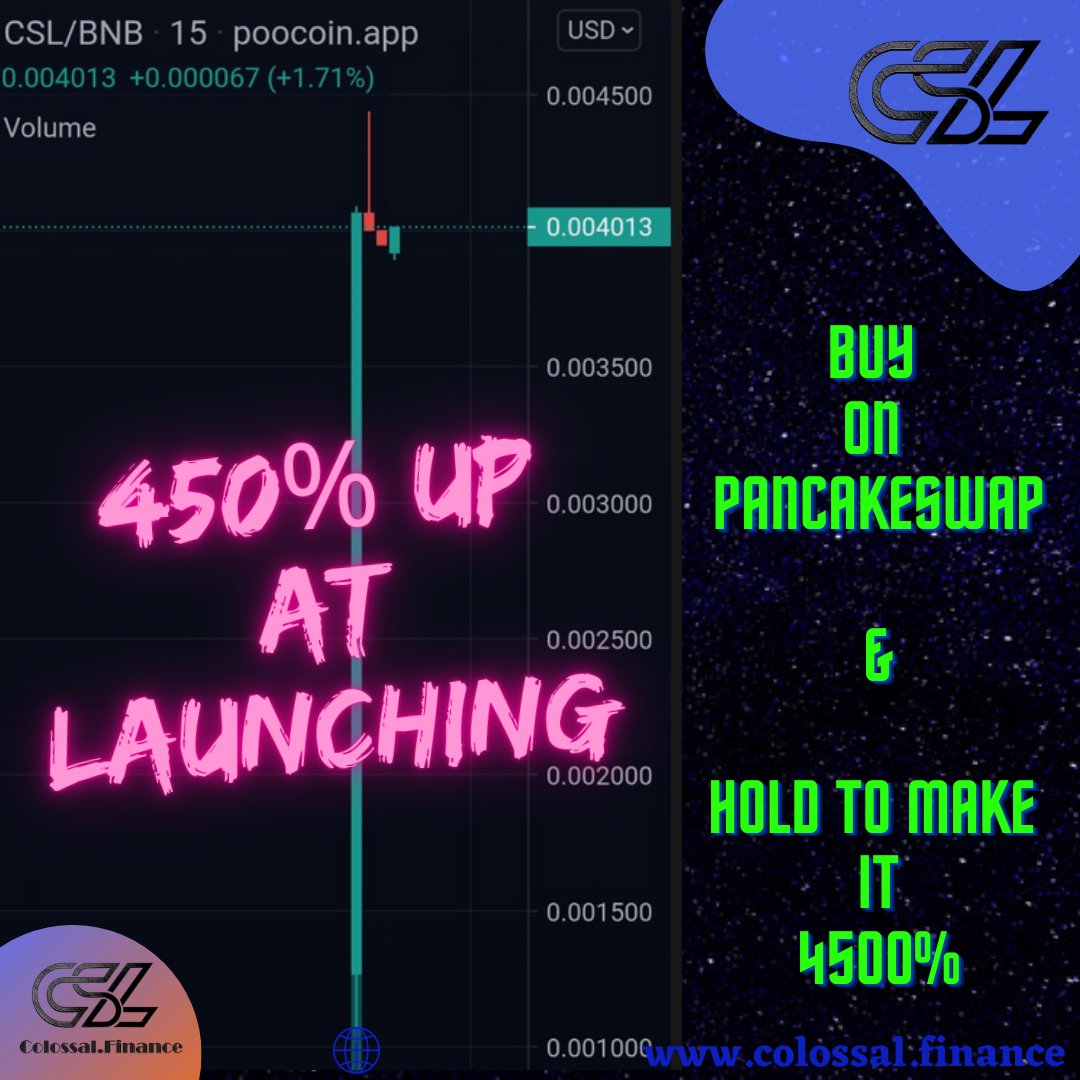 ColossalFinance's tweet photo. Hello World,
Congratulations!

450%+ UP IN JUST FEW MINUTES!

Pump is not a big thing but not dumping after the pump is definitely a big thing.

With your support $CSL is now stable at 400%+ means your invested 100$ is already 400$ now, hold to make it 4000$.

#Crypto #Colossal https://t.co/jJ3OOeQjha