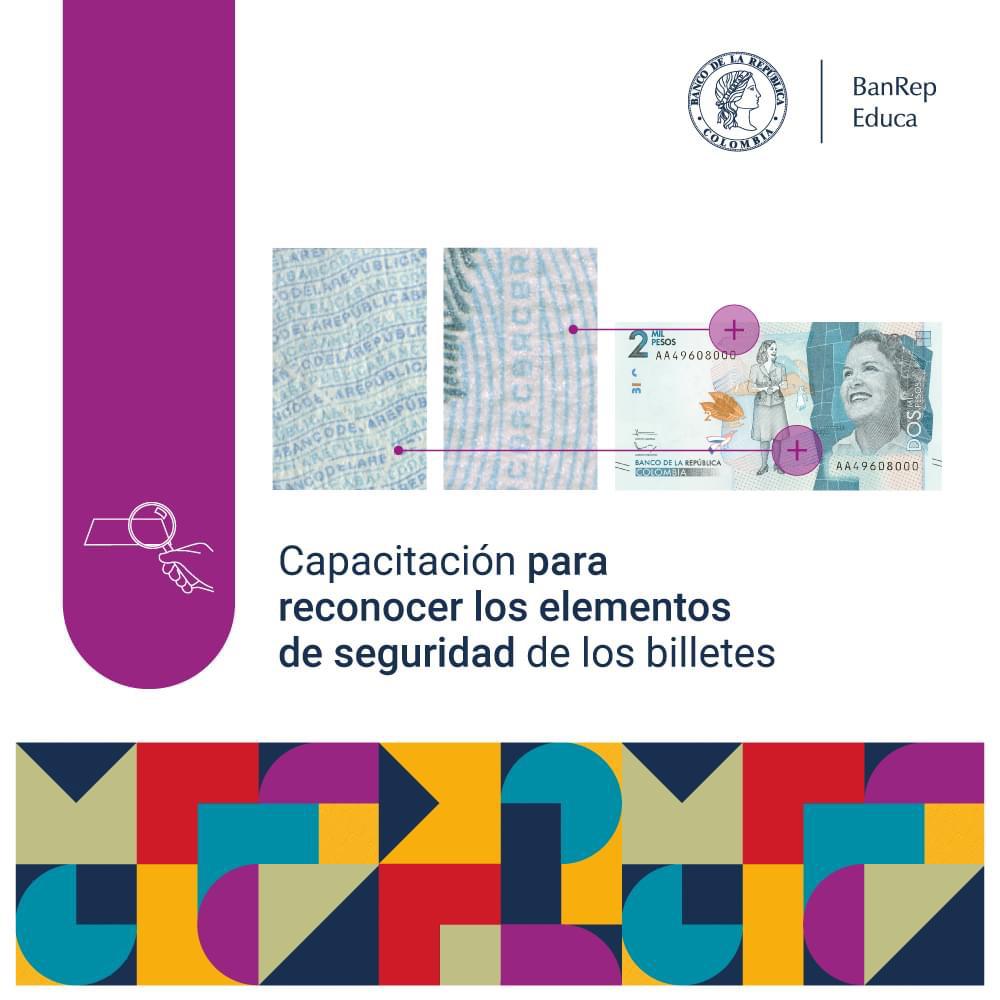 BancoRepublica's tweet photo. #BanrepEduca 👀 Deje de darle vueltas a su cabeza a la hora de revisar si un billete 💵 está bueno 🙄... Aprenda a reconocer los elementos de seguridad de los billetes colombianos 🇨🇴. Programe su capacitación aquí 👉🏽 https://t.co/Nyez3chR1O https://t.co/HG0NuQGBp0