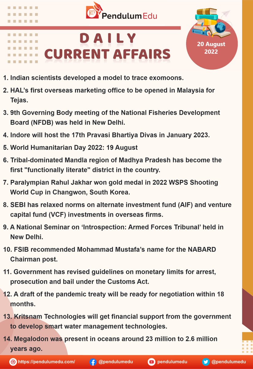 pendulumedu's tweet photo. Current Affairs of 20 August 2022 in English - https://t.co/FI0hAHWUgk
#currentaffairs #news #latestnews #breakingnews #pendulumedu #exomoons #hindustanaeronauticslimited #nationalfisheriesdevelopmentboard #pravasibhartiyadivas #worldhumanitarianday2022 #functionallyliterate https://t.co/xunWwwA8l6