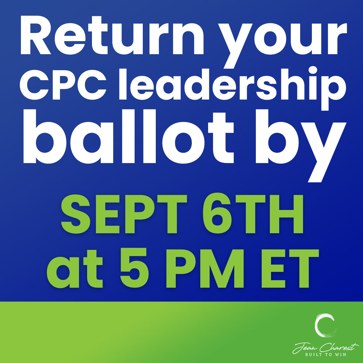 JeanCharest_'s tweet photo. Choose the next leader of our party, and the direction of our country. Mail in your ballot today to ensure it is received prior to the deadline. #cdnpoli #cpcldr https://t.co/gDTqYxSO1t