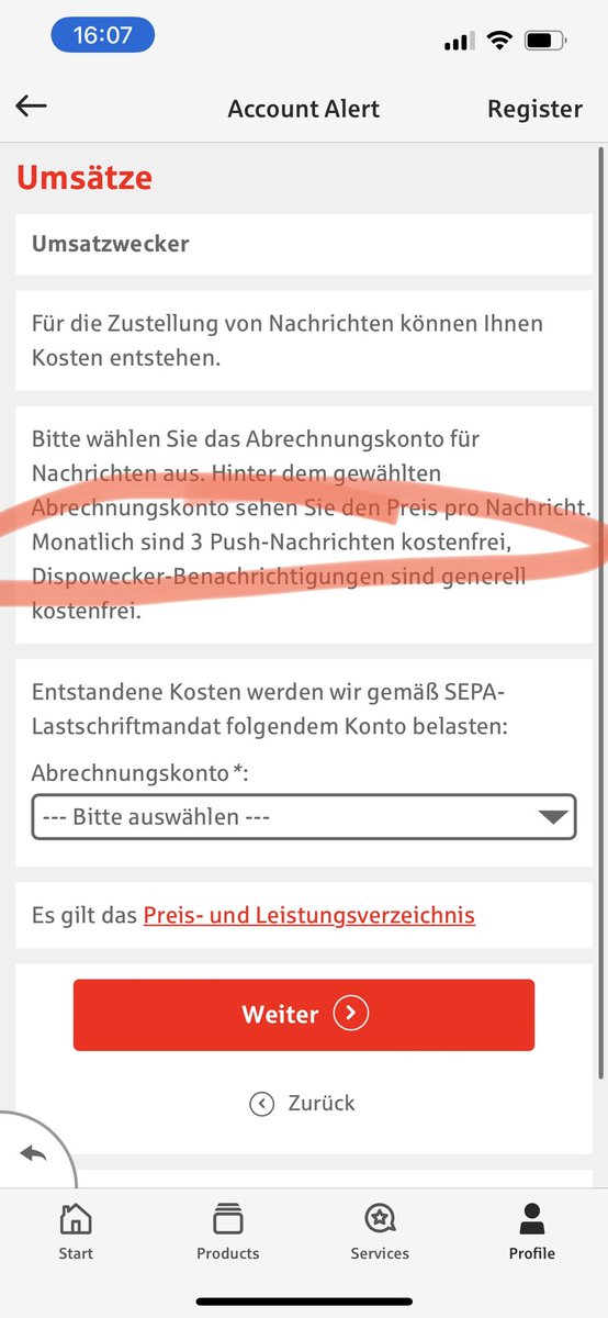 Die Sparkasse hätte gerne 0,05€ für jede Push Notification zu den Kontoumsätzen. Deutschland 2022.