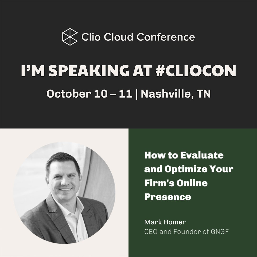Our founder <a href="/mark_homer/">Mark Homer</a> is speaking at <a href="/goclio/">Clio</a> #Cliocon with the topic "Learn How to Evaluate and Optimize Your Firm's Online Presence".  See you on October 10-11,2022! Don't have your pass yet - use code MARK at checkout to save $300 off the regular price ow.ly/8SBM50KofHx