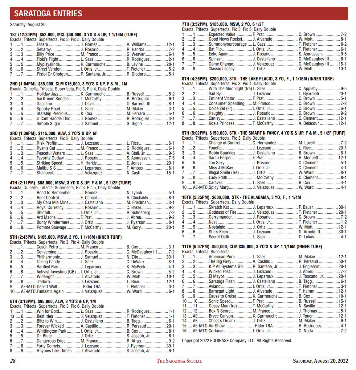 The Saratoga Special on Twitter: "Eleven races, an early first post