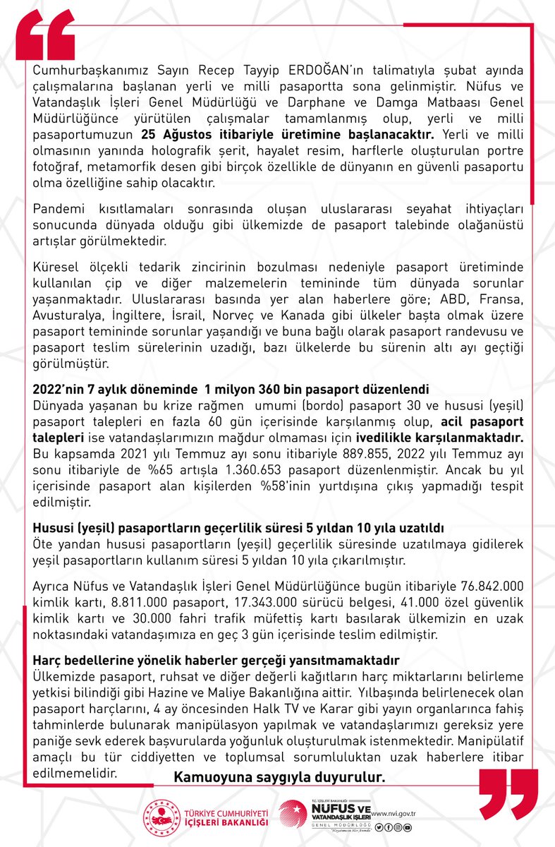 Nüfus ve Vatandaşlık İşleri Genel Müdürlüğü (@tcnufus) on Twitter photo Yerli ve milli pasaportumuz 25 Ağustos itibariyle üretilmeye başlanacaktır❗
Pasaport harç bedellerine ilişkin manipülatif haberlere ise vatandaşlarımızca itibar edilmemelidir❗ Yerli ve milli pasaportumuz 25 Ağustos itibariyle üretilmeye başlanacaktır❗
Pasaport harç bedellerine ilişkin manipülatif haberlere ise vatandaşlarımızca itibar edilmemelidir❗