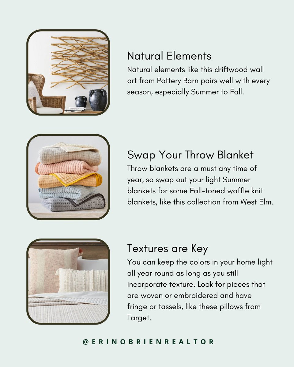 eobrienrealtor's tweet image. I put together THREE WAYS to transition your home from Summer to Fall. WHAT I LOVE about all of these items is that you likely already have them on hand, and you can keep them out well into Winter! #summertofall #falltones #throwblankets #virginiabeachrealestate #summerhomes