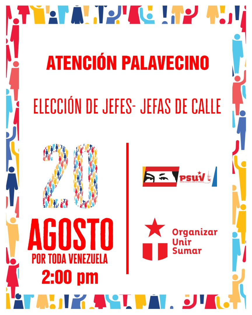 Atención Palavecino 

Hoy sábado 20 de agosto vamos todos y todas a la elección de nuestras jefas y jefes de calle. 

Son más de 1.000 calles en las parroquias Agua Viva, Cabudare y José Gregorio Bastidas que estarán activadas.

#OrganizarUnirSumar
