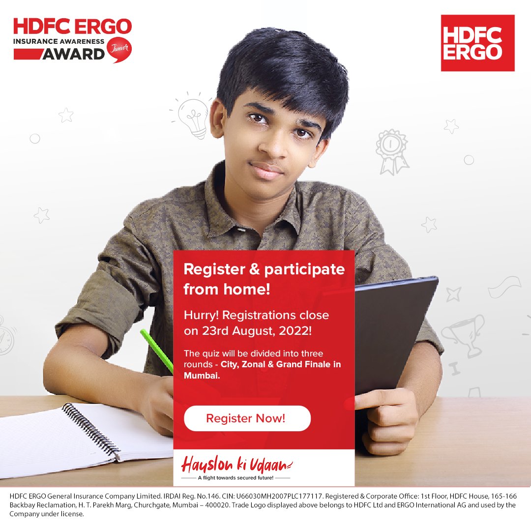 HDFCERGOGIC's tweet photo. The clock is ticking! Don’t miss out on the chance to be India’s Insurance Champ, as the last day to participate in the 7th edition of the #HDFCERGO #InsuranceAwarenessQuiz is August 23, 2022. Register now: https://t.co/XRjNsEefPF

#HauslonKiUdaan #TowardsSecuredFuture https://t.co/mN5lziY5ef
