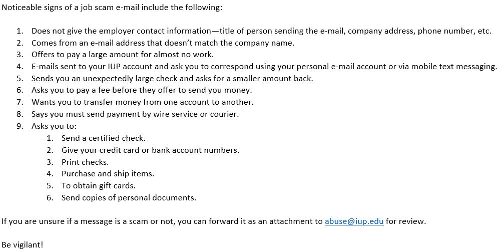 IUPITSupport's tweet photo. Please be aware that we are seeing an increase in part time job scam e-mails. These are definitely scams, do not reply or provide any personal information. https://t.co/OrQmne9Q1t