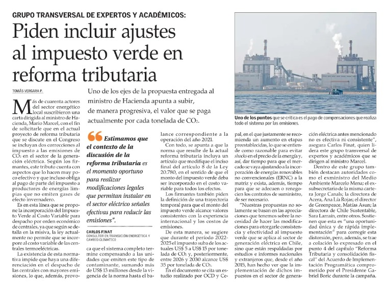 Hemos enviado una carta al Ministro Marcel para solicitar correcciones al impuesto verde para el sector eléctrico.
Acciones reales para una transición energética real y quienes firmamos creemos hacer la diferencia para un Chile 100% renovable.