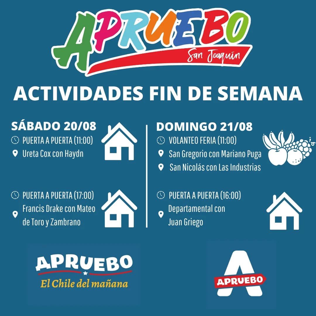 AprueboSJ's tweet photo. Este fin de semana seguimos desplegades por el #Apruebo 🅰️! 

Súmate a nuestras actividades!

#Apruebazo 
#AprueboCrece 
#ApruebaSeraHermoso https://t.co/g5r0ofmWGK