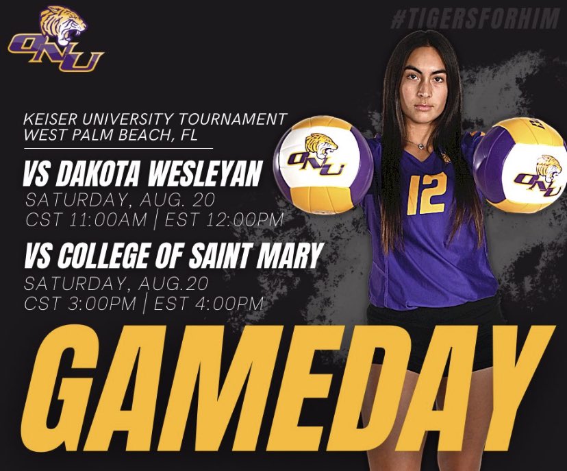 𝘿𝘼𝙔  ✌️

The Tigers are back on the court in Florida for two more matches in the Chic-Fil-A Classic!

Game 1️⃣: vs. Dakota Wesleyan, 11 a.m.
Game 2️⃣: vs. College of St. Mary, 3 p.m.
📺: bit.ly/3c7UN8y

#ForONU