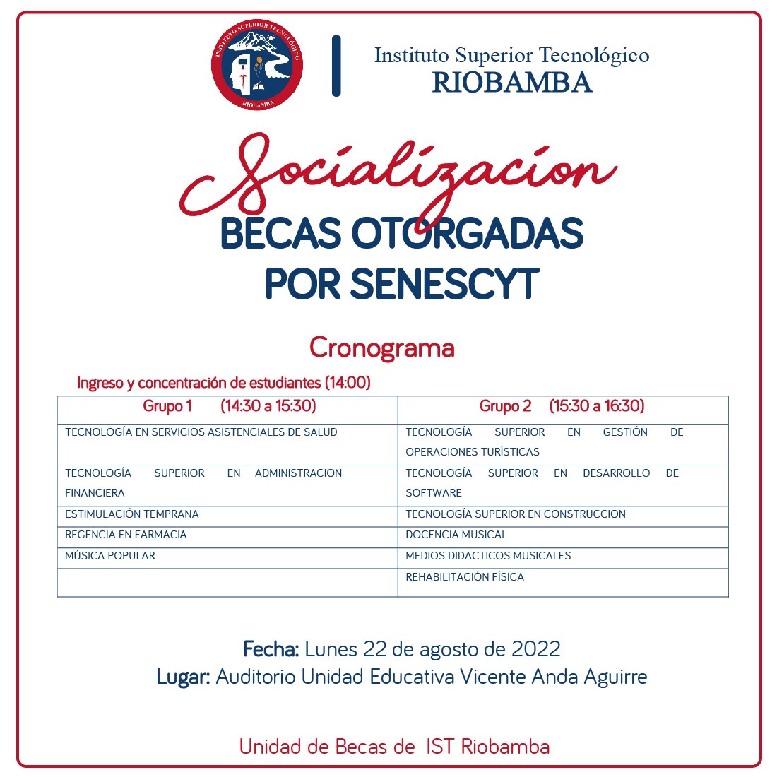 Querido estudiante, te esperamos en la SOCIALIZACIÓN DE BECAS OTORGADAS POR SENESCYT, el lunes 22 de agosto, a las 14:00.

#yo_❤_Al_Insti

Juntos #La_nueva_era_en_la_educación_superior 
<a href="/EduSuperiorEc/">Viceministerio de Educación Superior</a>
#Becas
