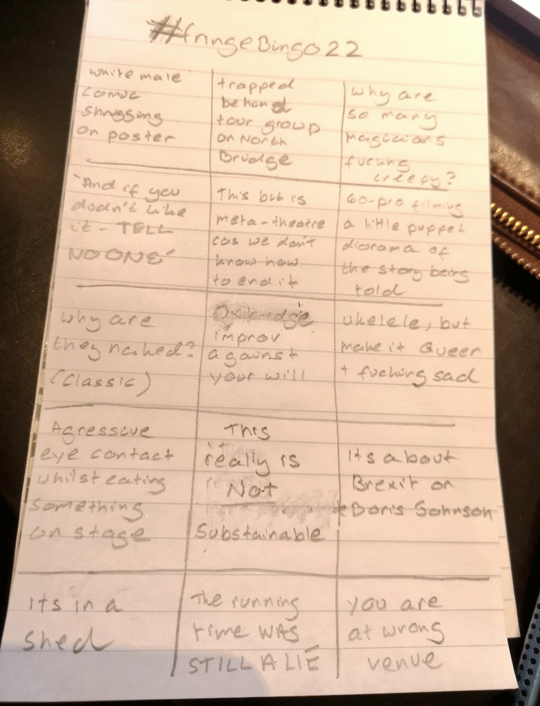 BY POPULAR DEMAND*
*cos <a href="/RaddingtonB/">Alice Saville</a> asked

IT'S THE RETURN OF FRINGE BINGO.  ✨✨NOW UPDATED FOR 2022 WITH SAD FUCKING UKULELES AND MORE ✨✨✨
#edfringe #EdFringe2022
#FringeBingo22