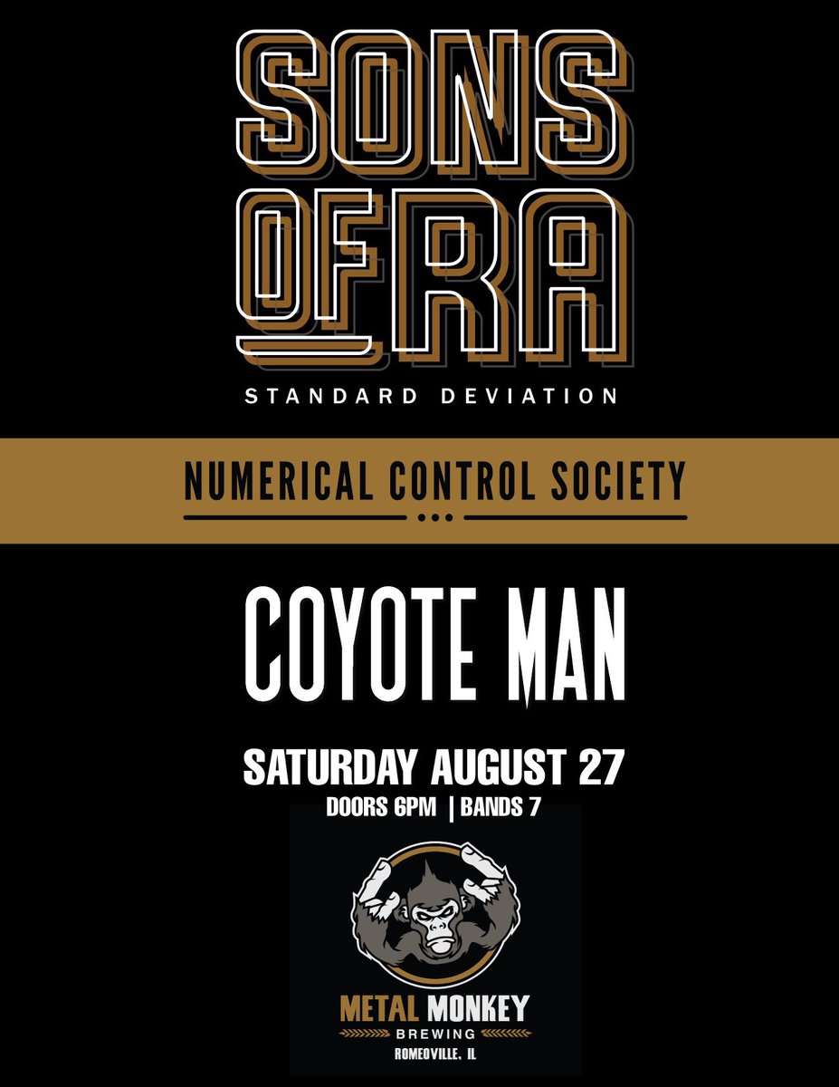 Coyotemanband's tweet photo. Next Saturday we will be rocking out at @MetalMonkeyBrew for the first time with our pals in @SonsOfRaMusic and #NumericalControlSociety. Music and beer is the best mixture. Tickets available for $10. #coyotemanband #shows #metalmonkey https://t.co/FtkjxH7SLn