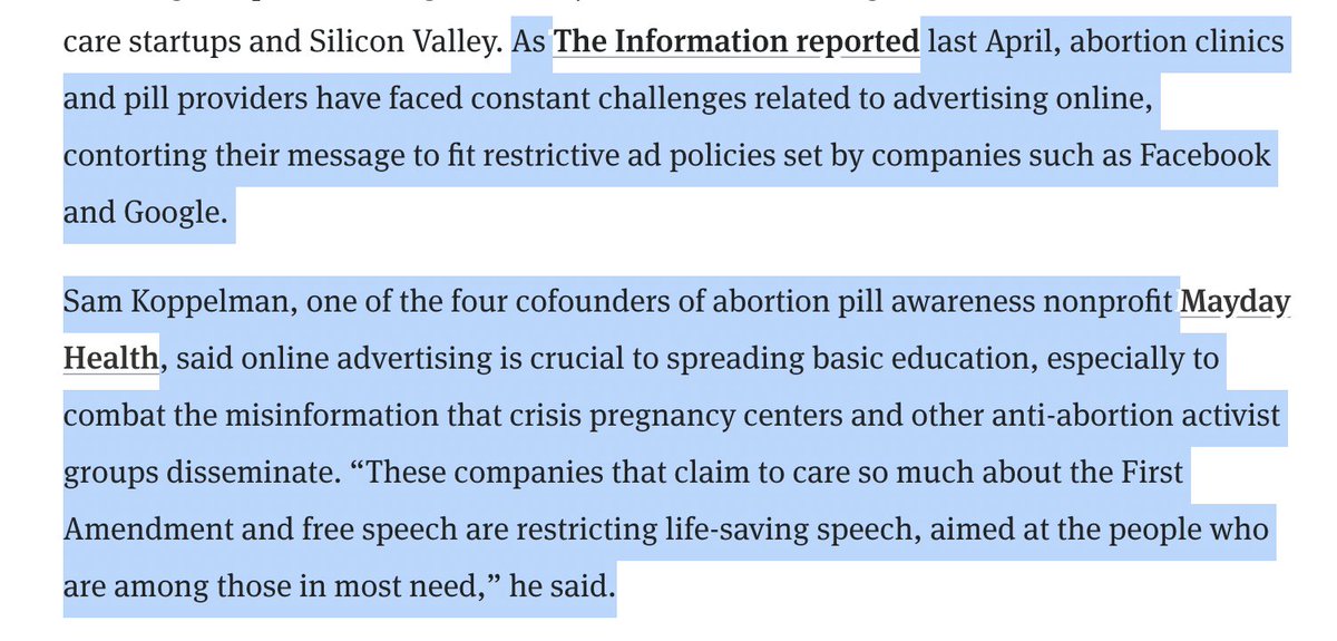 Really thoughtful article from <a href="/margauxmaccoll/">Margaux MacColl</a> in <a href="/theinformation/">The Information</a> on why abortion pills are so promising—and how Silicon Valley is getting in the way of unleashing their power. 

Ranted to her about FB slow-rolling approving  <a href="/HealthMayday/">mayday.health</a>'s ads. 
 theinformation.com/articles/the-a…