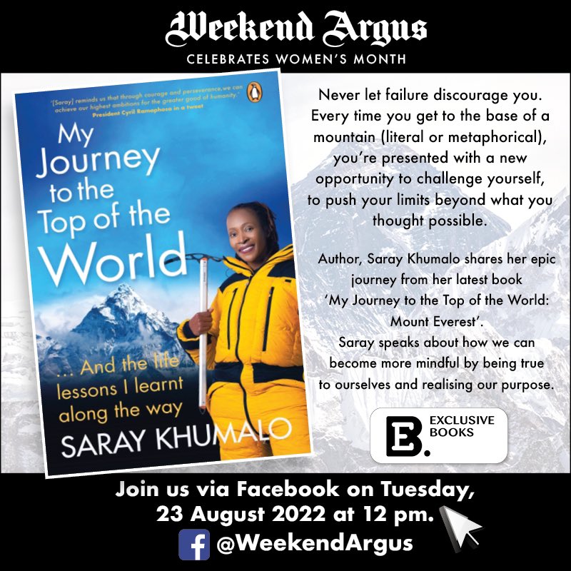 saraykhumalo's tweet photo. 🎙Join me for the FB live with the @WeekendArgus as I share a glimpse of my journey to the top of the world and the lessons learnt along the way.
#gratitude #ubuntu #neverstopexploring #africa #sheownshersuccess #author #mountain #everest #storytelling #womandla #summitmindset https://t.co/x0WC07wlVL