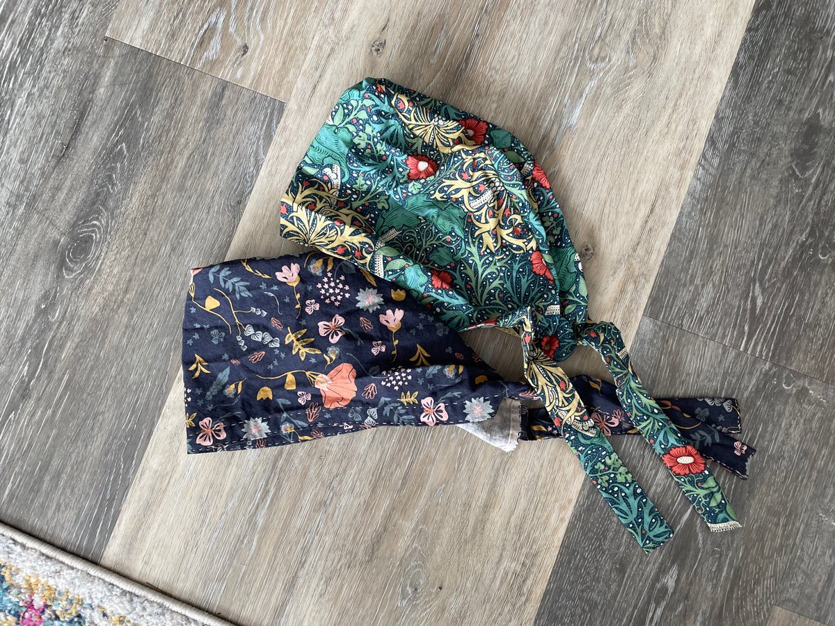 I made 2 new scrub hats to replace 2 that I lost. Still 100% handsewn, but this time slightly roomier, wider straps, and 100% finished interior seams (hand-felling a seam is the equivalent of running a monocryl in terms of aesthetic and satisfaction)