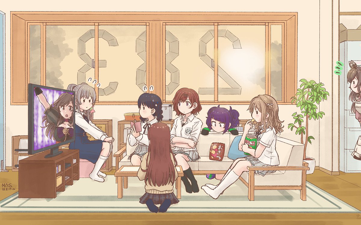 asakura toru ,fukumaru koito ,higuchi madoka ,ichikawa hinana ,tanaka mamimi ,yukoku kiriko multiple girls school uniform couch sitting television skirt black hair  illustration images