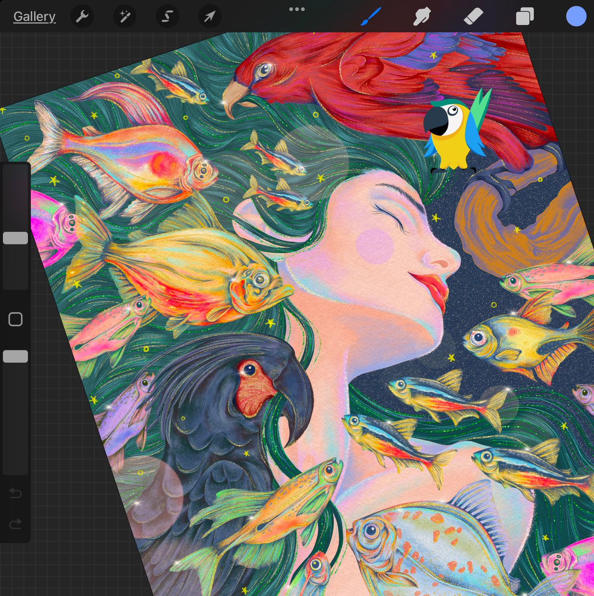 Just playin’ around with pirañas and the birds! I know this is so random and messy and imperfect but I’m weirdly kinda liking it! 🐟🦜 — A #sneakpeek ✨
