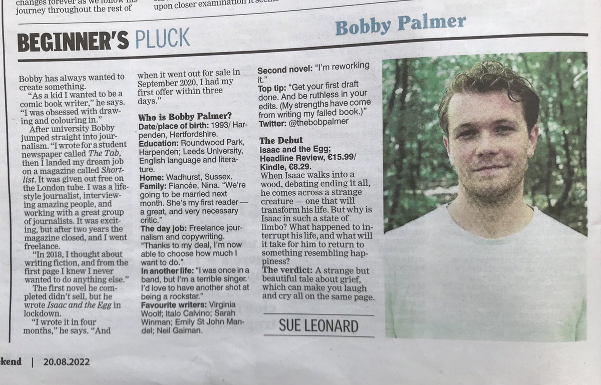 Suejleonard's tweet photo. Loved chatting to this weeks #beginnerspluck, @thebobpalmer. Isaac and the egg is a strange but-beautiful tale abt grief which an make you laugh and cry all on the same page. @irishexaminer https://t.co/mSi0jv0loQ
