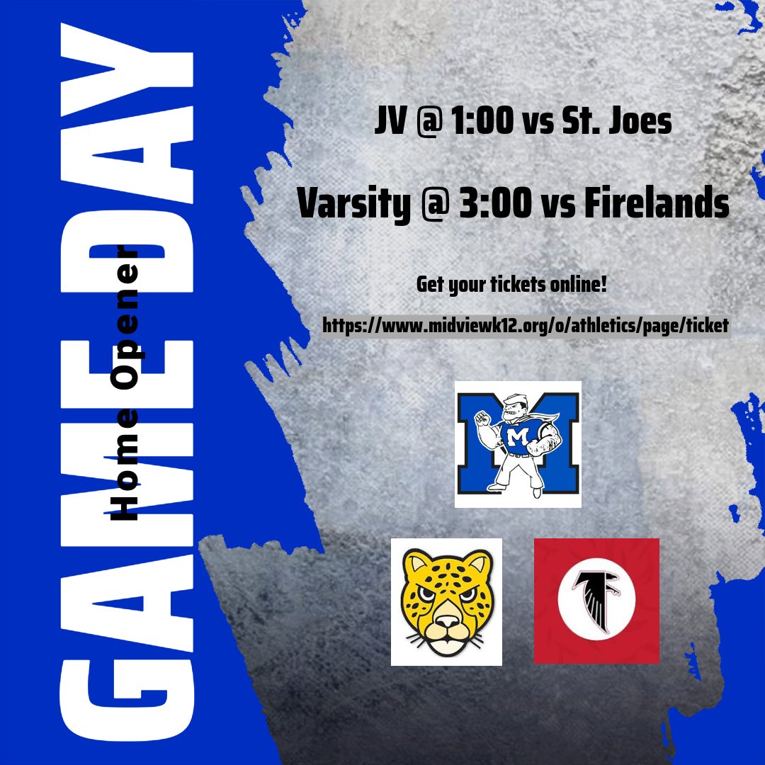 HOME OPENER!!
JV @ 1:00🆚 St. Josephs Academy
Varsity @ 3:00 🆚 Firelands
📍Ross Field 

Tickets are sold online @
midviewk12.org/o/athletics/pa…