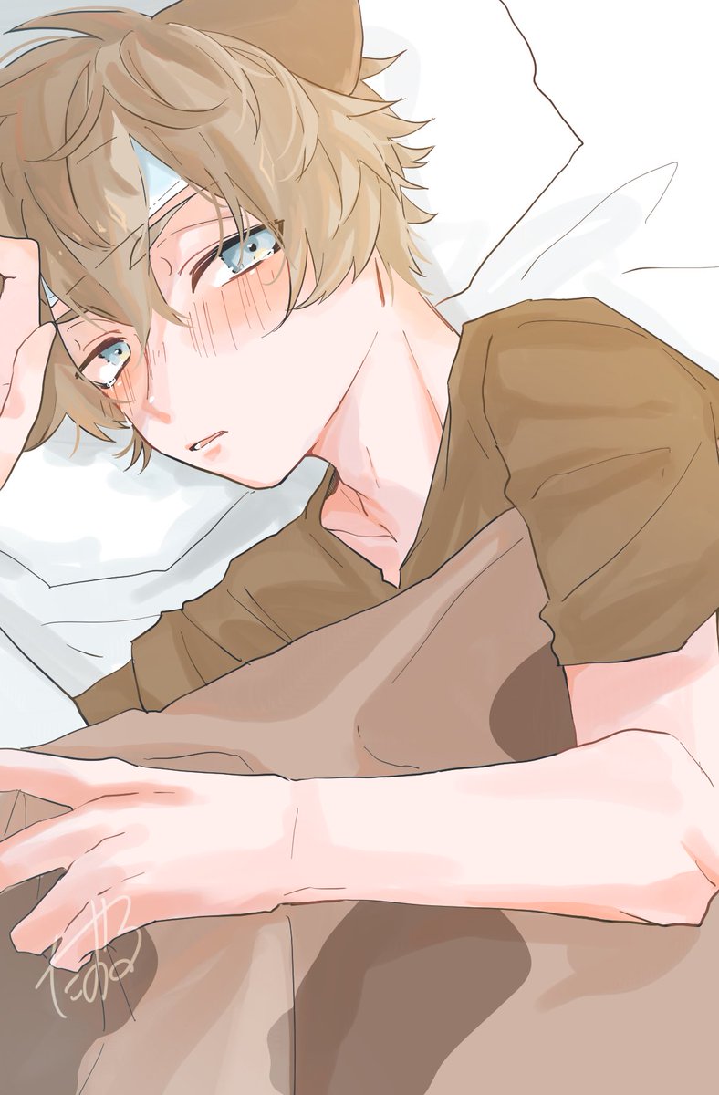 1boy male focus animal ears blush blue eyes solo pillow  illustration images