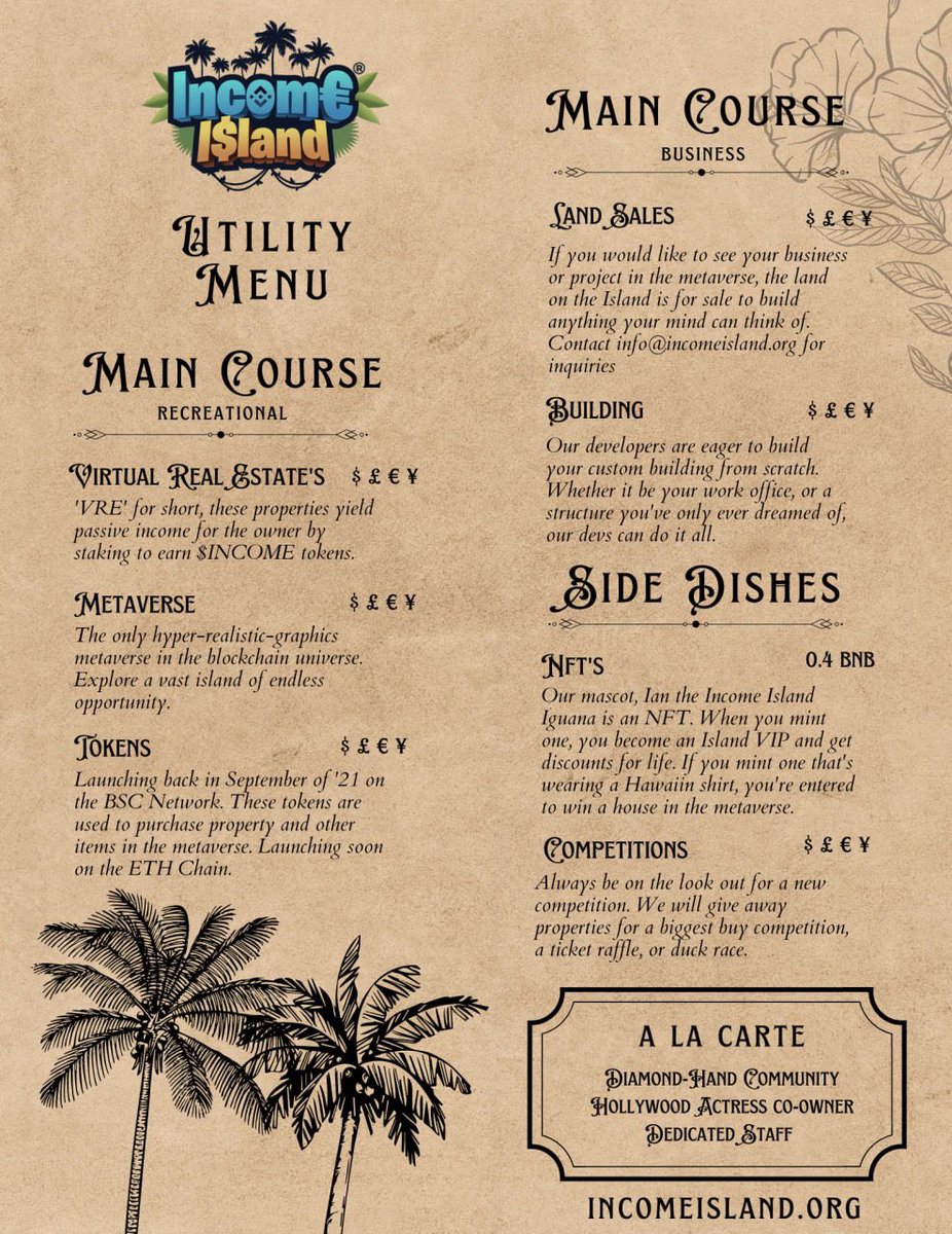 incomeisland's tweet photo. Bon Appétit! Check out our menu of utilities to satisfy our investors appetites! 
There are many ways to earn passive income on Income Island, so quench your thirst at https://t.co/n379e28Mg3 !
#UNITINGDEFI #VRE #METAVERSE #PRESALE $INCOME #BSC #ETHEREUM #ERC20 #BEP20 https://t.co/zv0SNitBWt