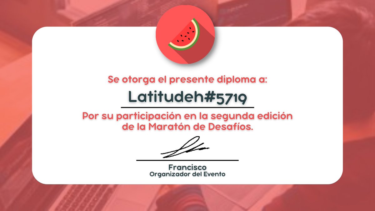 watermelon_code's tweet photo. Ayer finalizó la maratón de desafíos, se dió un diploma de participación a todos los que pudieron resolver al menos 1/31 problemas.
Obvio felicitamos al Top 3, Emma, Sgb y Thadeuks. Con sus respectivos premios ya entregados.
Diplomas de Ejemplo: 
Gracias!❤️‍🔥 https://t.co/PD40D0oXNJ